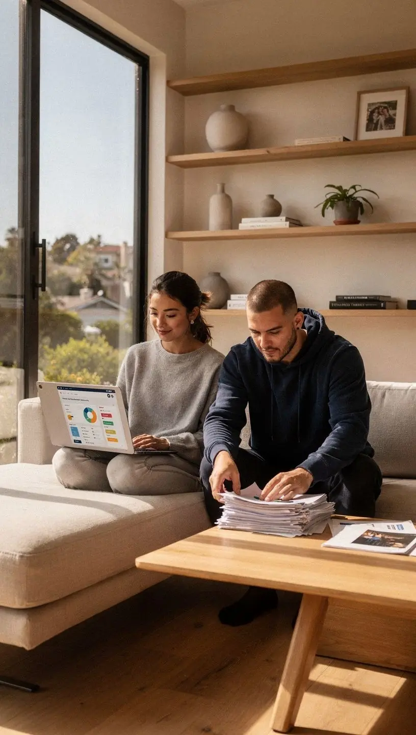 Overhead shot of a person using a tablet with a clear, uncluttered user interface displayed